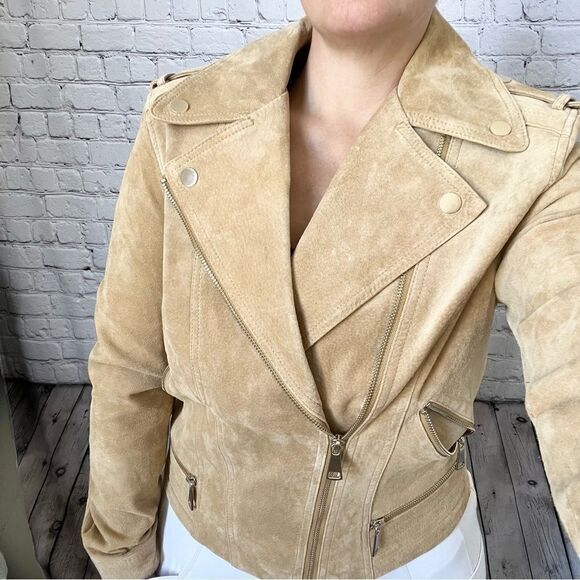 Express tan genuine suede leather moto jacket size medium large collar - Picture 1 of 9